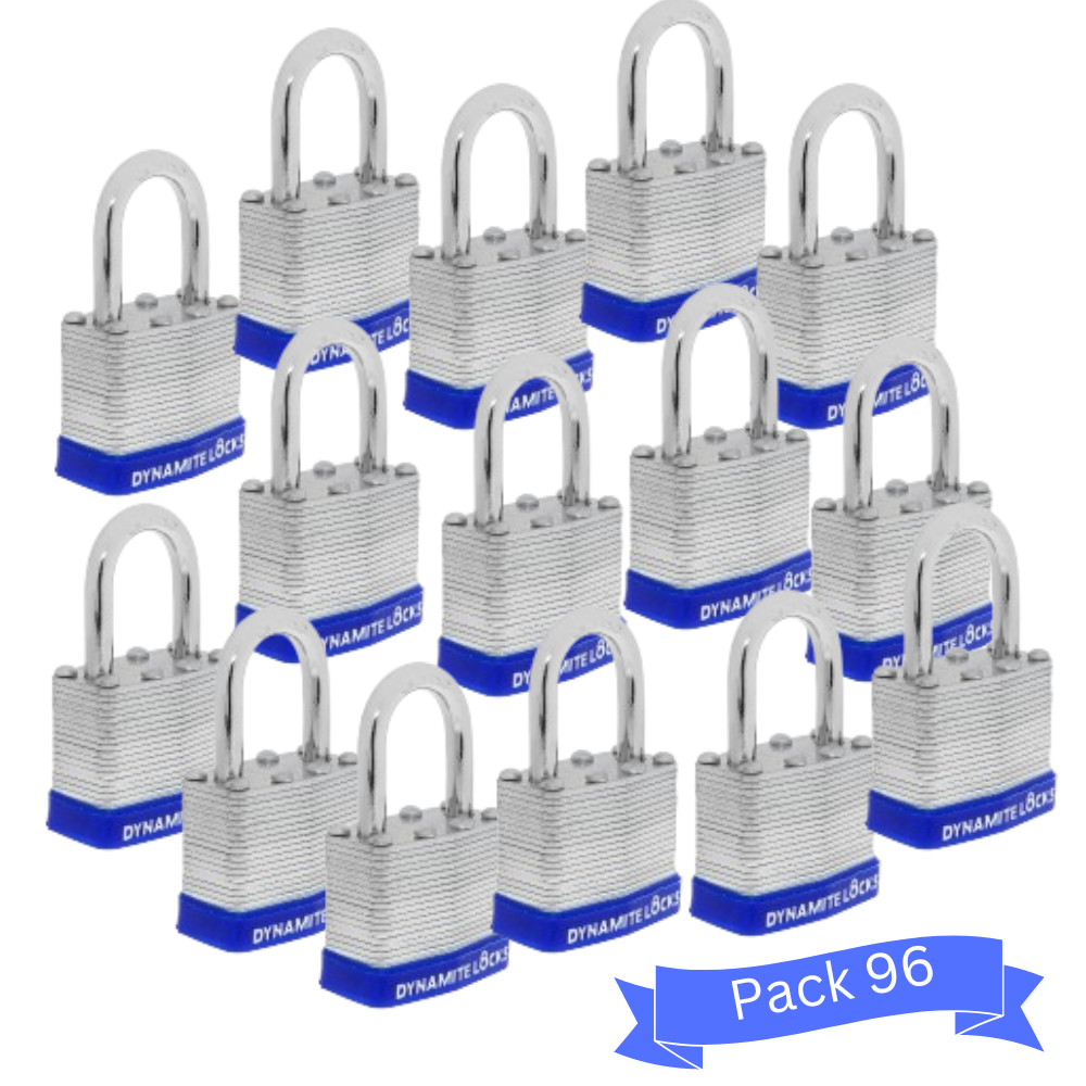 Pack 96 Laminated Steel Locks Keyed-Alike Padlocks 40mm Short Shackle w/ 1.25” Shackle, Hardened Steel Case, Brass Cylinder for Hasp Latch, Sheds, Fences, Storage Locker, School, Gym