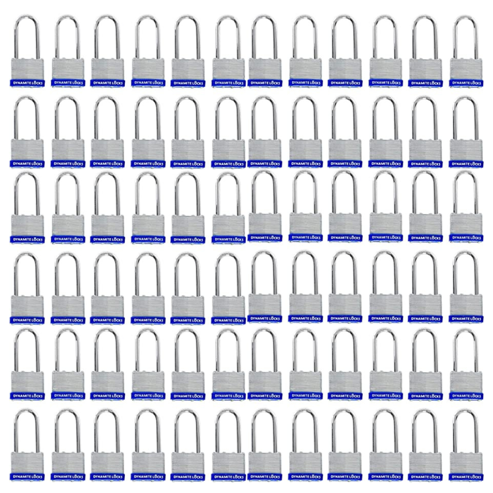 Pack of 72 Units Dynamite Lock Premium Padlock Set Laminated keyed Padlock (1-9/16", 40mm), keyed Alike Locks, Long Shackle