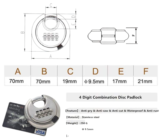 Pack of 6 Discus Stainless Steel Combination 4 Digits 70mm, Stainless Steel Discus Lock with 2-3/4 in. Wide, 3/8 in. Diameter Shackle, Waterproof Discus Lock for Storage Unit, Sheds, Garages and Fence