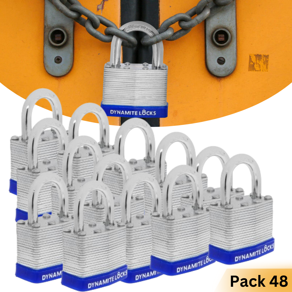 Pack of 96, Dynamite Locks Padlocks with same keys, 50mm Heavy Duty Laminated Steel Padlock Short Shackle Hardened Steel Shackle, Commercial Grade Keyed Alike 2-Inch, 50mm Padlocks Keyed Alike Set