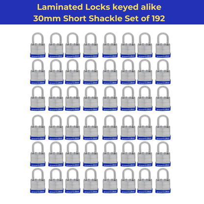 Lot of 500 Dynamite Locks with same keys, Laminated Steel Padlocks 30 mm or 1.3/16" Keyed Alike Commercial Grade, Hardened Shackle