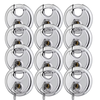 Pack of 12 Discus Keyed Alike Padlock Stainless Steel Disc Lock with 2 Keys, 3/8 Inch Shackle 70mm, Heavy Duty Lock Outdoor Waterproof Storage Lock for Warehouse, Garage, Storage Locker, and Outdoors