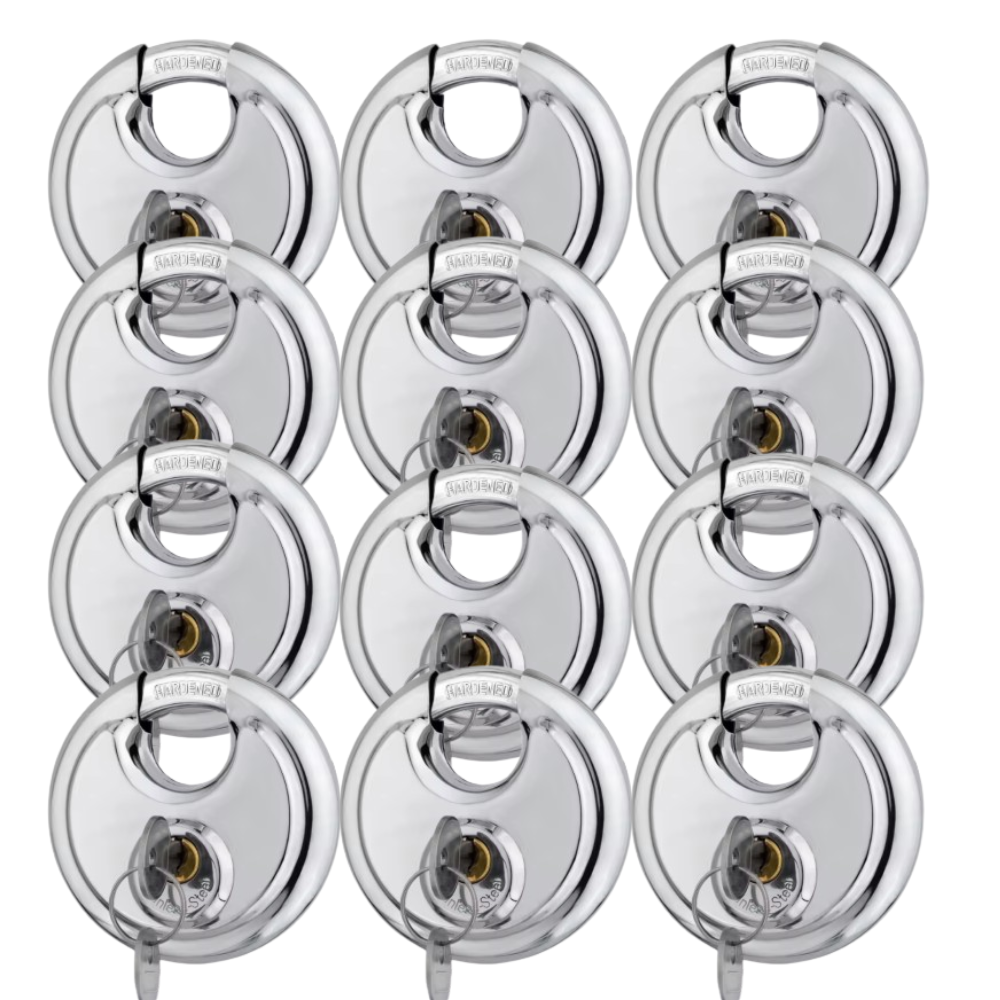 Pack of 18 Premium Quality Dynamite Locks Discus Keyed Alike Padlock Stainless Steel Disc Lock with 2 Keys, 3/8 Inch Shackle 70mm, Heavy Duty Lock Outdoor Waterproof Storage Lock for Warehouse, Garage, Storage Locker, and Outdoors