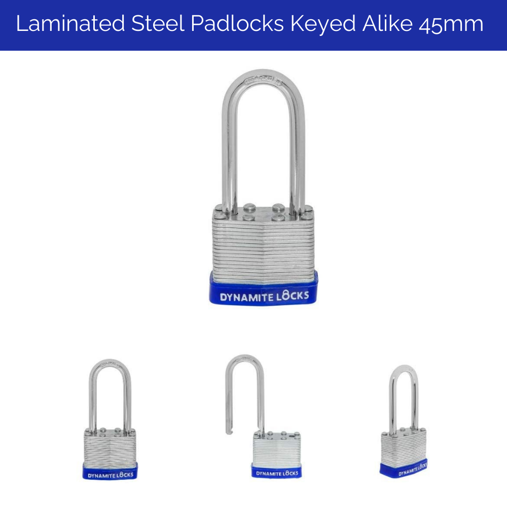 Pack of 1000 Dynamite padlocks keyed alike 45mm or 1-3/4 in. Laminated Padlocks Set with Same Keys, Commercial Grade, Padlocks Keyed Alike with Hardened Steel Long Shackle