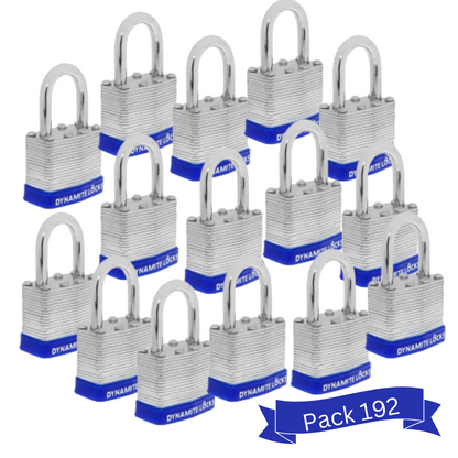 Pack 192 Laminated Steel Locks 40mm Keyed-Alike Padlocks w/ 1.25” Shackle, Hardened Steel Case, Brass Cylinder for Hasp Latch, Sheds, Fences, Storage Locker, School, Gym