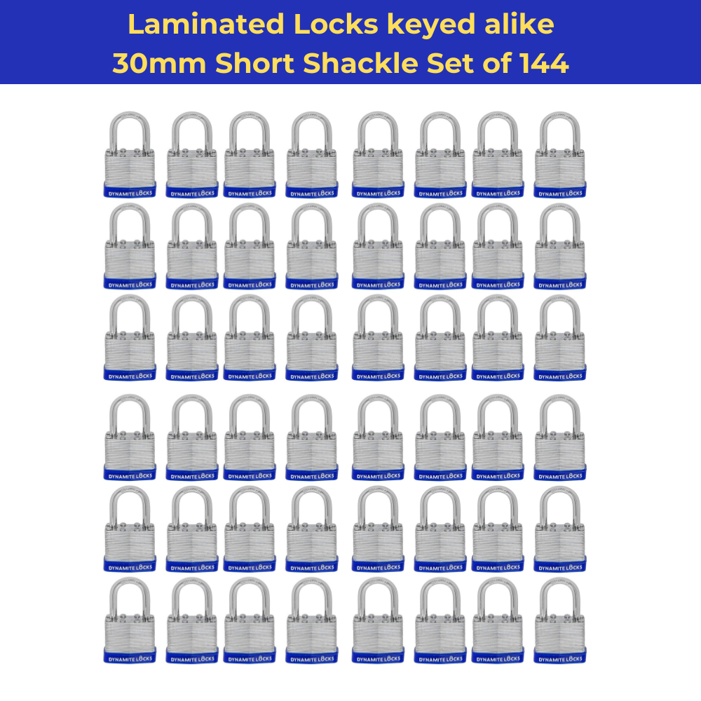 Pack of 192 Dynamite Locks with same keys, Laminated Padlocks 30 mm or 1.3/16" Keyed Alike Commercial Grade, Hardened Shackle