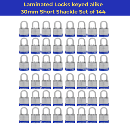 Pack of 384 , Dynamite Locks with same keys, Laminated Padlocks 30 mm or 1.3/16" Keyed Alike Commercial Grade, Hardened Shackle