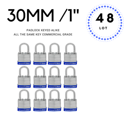 Pack of 192 Dynamite Locks with same keys, Laminated Padlocks 30 mm or 1.3/16" Keyed Alike Commercial Grade, Hardened Shackle