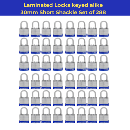 Pack of 72, Dynamite Locks with same keys, Laminated Padlocks 30 mm or 1.3/16" Keyed Alike Commercial Grade, Hardened Shackle