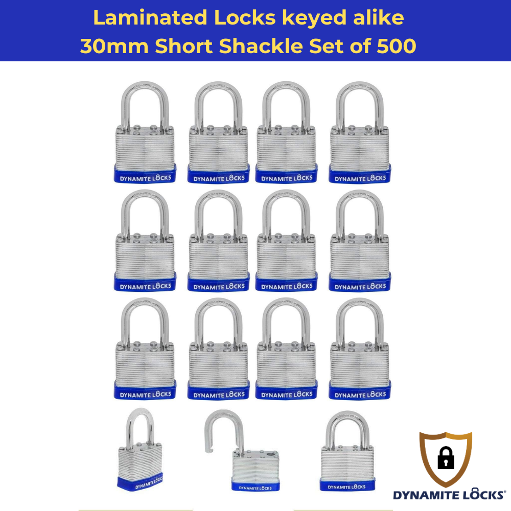 Pack of 72, Dynamite Locks with same keys, Laminated Padlocks 30 mm or 1.3/16" Keyed Alike Commercial Grade, Hardened Shackle