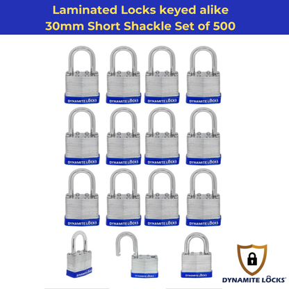 Pack of 96, Dynamite Locks with same keys, Laminated Padlocks 30 mm or 1.3/16" Keyed Alike Commercial Grade, Hardened Shackle