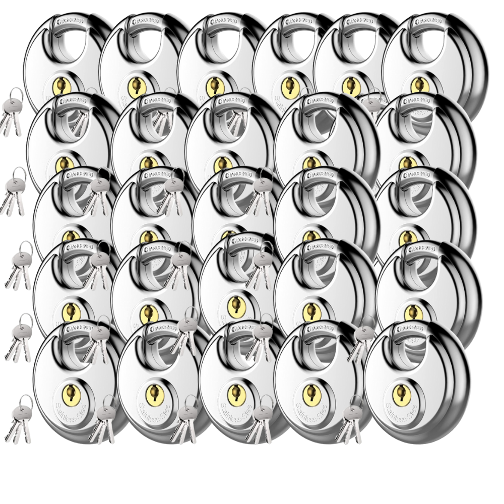 Pack of 72 Premium Quality Dynamite Locks Discus Keyed Alike Padlock Stainless Steel Disc Lock with 2 Keys, 3/8 Inch Shackle 70mm, Heavy Duty Lock Outdoor Waterproof Storage Lock for Warehouse, Garage, Storage Locker, and Outdoors