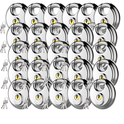 Pack of 60 Premium Quality Dynamite Locks Discus Keyed Alike Padlock Stainless Steel Disc Lock with 2 Keys, 3/8 Inch Shackle 70mm, Heavy Duty Lock Outdoor Waterproof Storage Lock for Warehouse, Garage, Storage Locker, and Outdoors