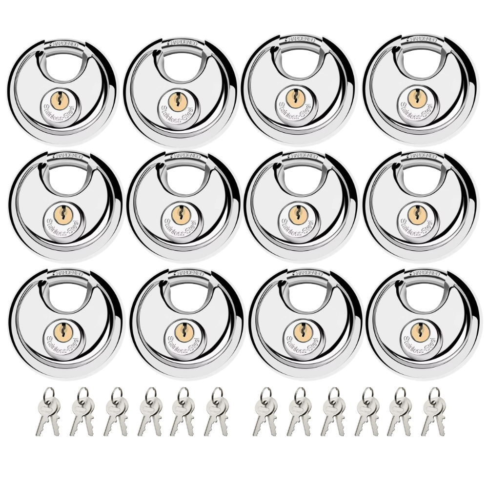 Pack of 6 Dynamite Locks Discus Keyed Alike Padlock Stainless Steel Discus Lock with 2 Keys, 3/8 Inch Shackle Body Width 70mm, Heavy Duty Lock Outdoor Waterproof Storage Lock for Warehouse, Garage, Storage Unit, Locker, and Outdoors