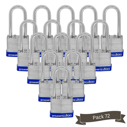 Pack of 72 Units Dynamite Lock Premium Padlock Set Laminated keyed Padlock (1-9/16", 40mm), keyed Alike Locks, Long Shackle