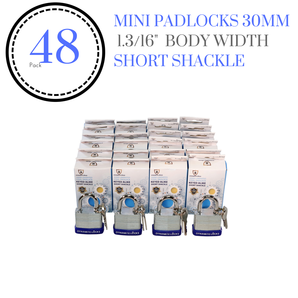 Pack of 72, Dynamite Locks with same keys, Laminated Padlocks 30 mm or 1.3/16" Keyed Alike Commercial Grade, Hardened Shackle