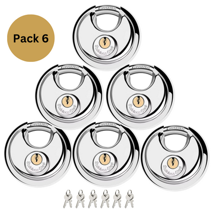 Pack of 6 Dynamite Locks Discus Keyed Alike Padlock Stainless Steel Discus Lock with 2 Keys, 3/8 Inch Shackle Body Width 70mm, Heavy Duty Lock Outdoor Waterproof Storage Lock for Warehouse, Garage, Storage Unit, Locker, and Outdoors