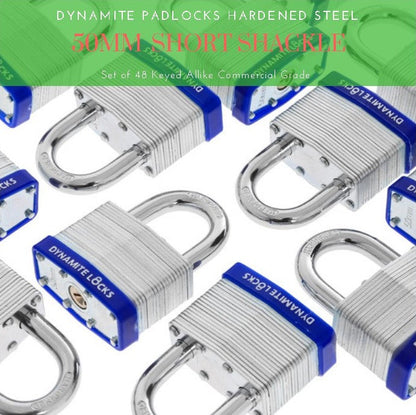 Pack of 72, Dynamite Locks Padlocks with same keys, 50mm Heavy Duty Laminated Steel Padlock Short Shackle Hardened Steel Shackle, Commercial Grade Keyed Alike 2-Inch, 50mm Padlocks Keyed Alike Set