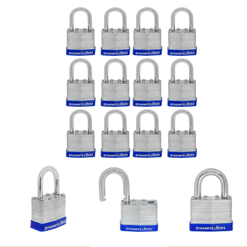 Pack 96 Laminated Steel Locks Keyed-Alike Padlocks 40mm  Short Shackle w/ 1.25” Shackle, Hardened Steel Case, Brass Cylinder for Hasp Latch, Sheds, Fences, Storage Locker, School, Gym