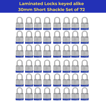 Pack of 96, Dynamite Locks with same keys, Laminated Padlocks 30 mm or 1.3/16" Keyed Alike Commercial Grade, Hardened Shackle