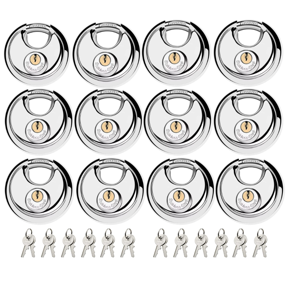 Pack of 72 Premium Quality Dynamite Locks Discus Keyed Alike Padlock Stainless Steel Disc Lock with 2 Keys, 3/8 Inch Shackle 70mm, Heavy Duty Lock Outdoor Waterproof Storage Lock for Warehouse, Garage, Storage Locker, and Outdoors