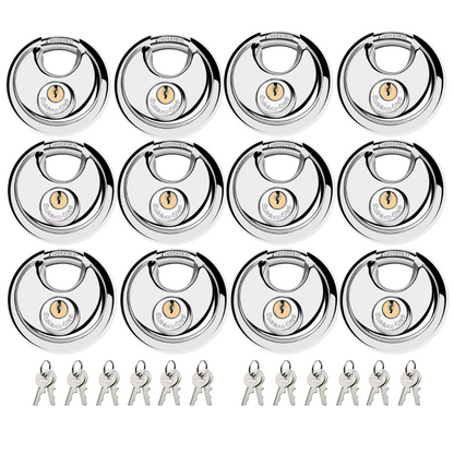 Pack of 72 Premium Quality Dynamite Locks Discus Keyed Alike Padlock Stainless Steel Disc Lock with 2 Keys, 3/8 Inch Shackle 70mm, Heavy Duty Lock Outdoor Waterproof Storage Lock for Warehouse, Garage, Storage Locker, and Outdoors