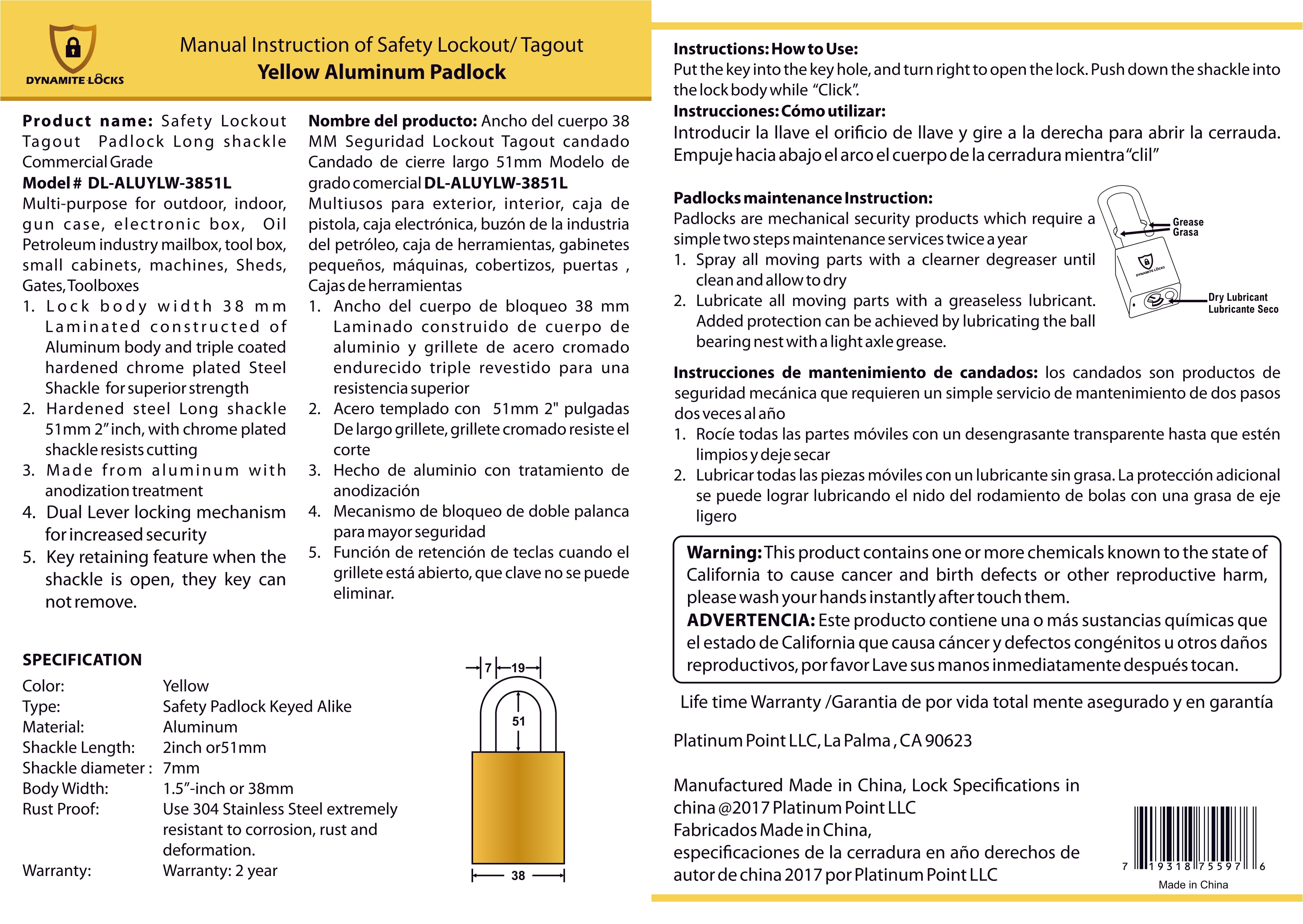 Dynamite Locks, Safety Lockout Padlocks, Safety Padlocks Keyed Alike, Dynamite Locks Aluminum Padlocks Safety Lock-Out Tag Out Keyed Alike, Safety Lockout Padlock with Body Width 1-1/2" with 2" Long Shackle Multiple Locks ( Yellow)