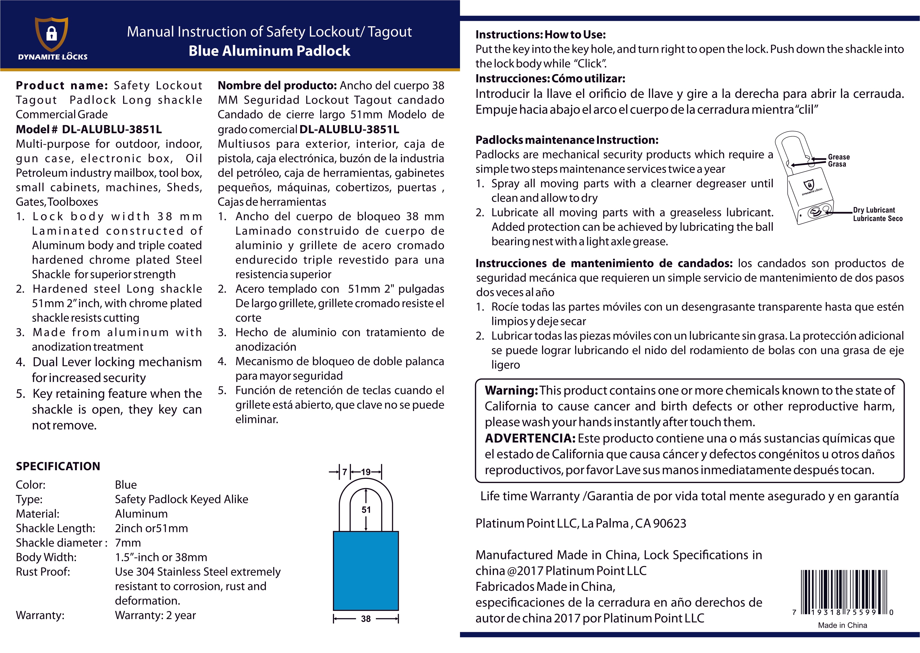 Dynamite Locks, Safety Lockout Padlocks, Safety Padlocks Keyed Alike, Dynamite Locks Aluminum Padlocks Safety Lock-Out Tag Out Keyed Alike, Safety Lockout Padlock with Body Width 1-1/2" with 2" Long Shackle Multiple Locks ( Blue)